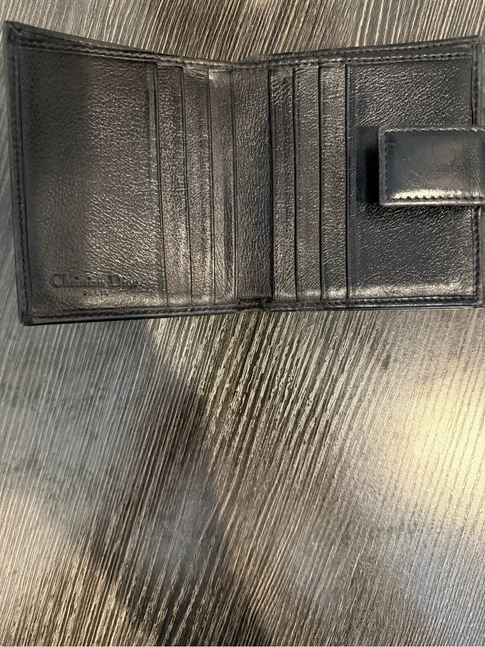 Christian Dior, black leather, studded, compact wallet.